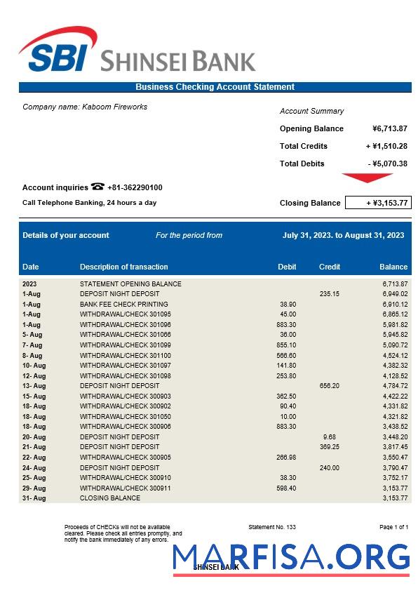 Blank Shinsei Bank business statement Word and PDF template